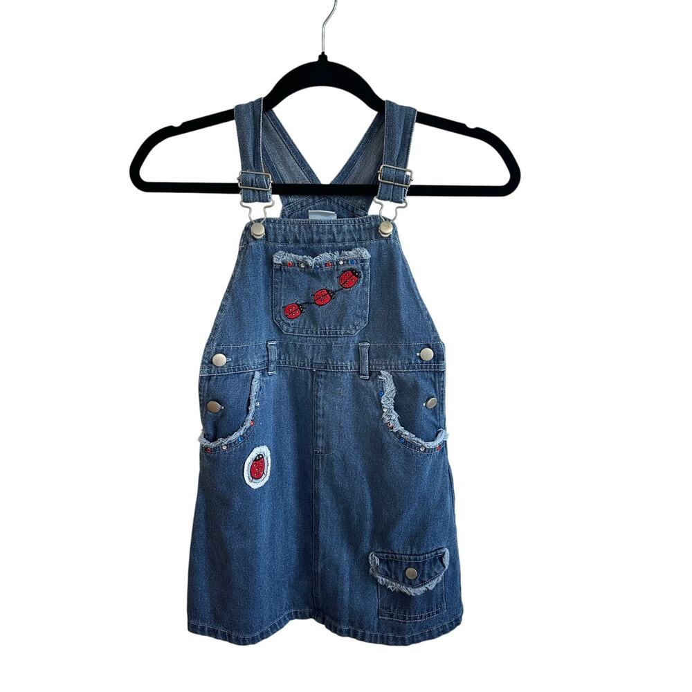 Vintage Disney Kids Blue Denim Lady Bug Overall Dress Sz 6/6X Cotton